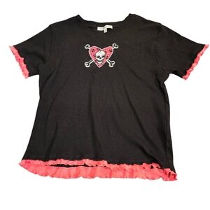 Love Peace & Lazy Days (LPLD) Black/Pink white Skull/ Ruffle hem cuff Women L